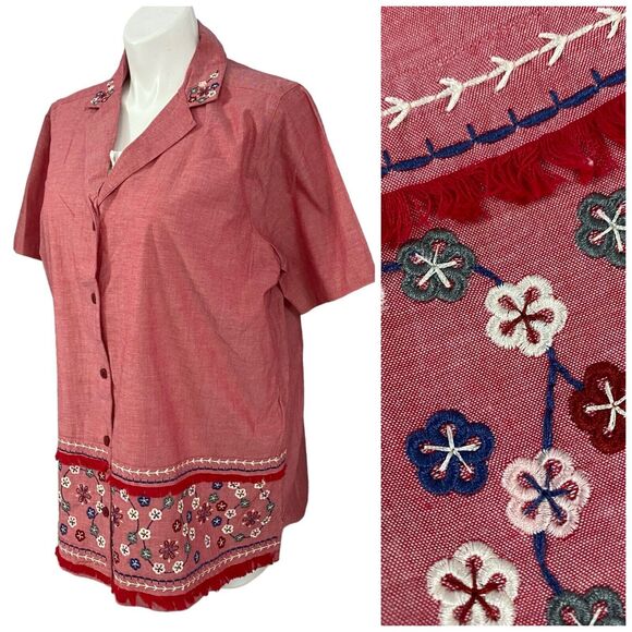 Bobbie Brooks Shirt Womens Size 20W Red 2X Embroidered Floral Work Office Casual - Picture 2 of 16